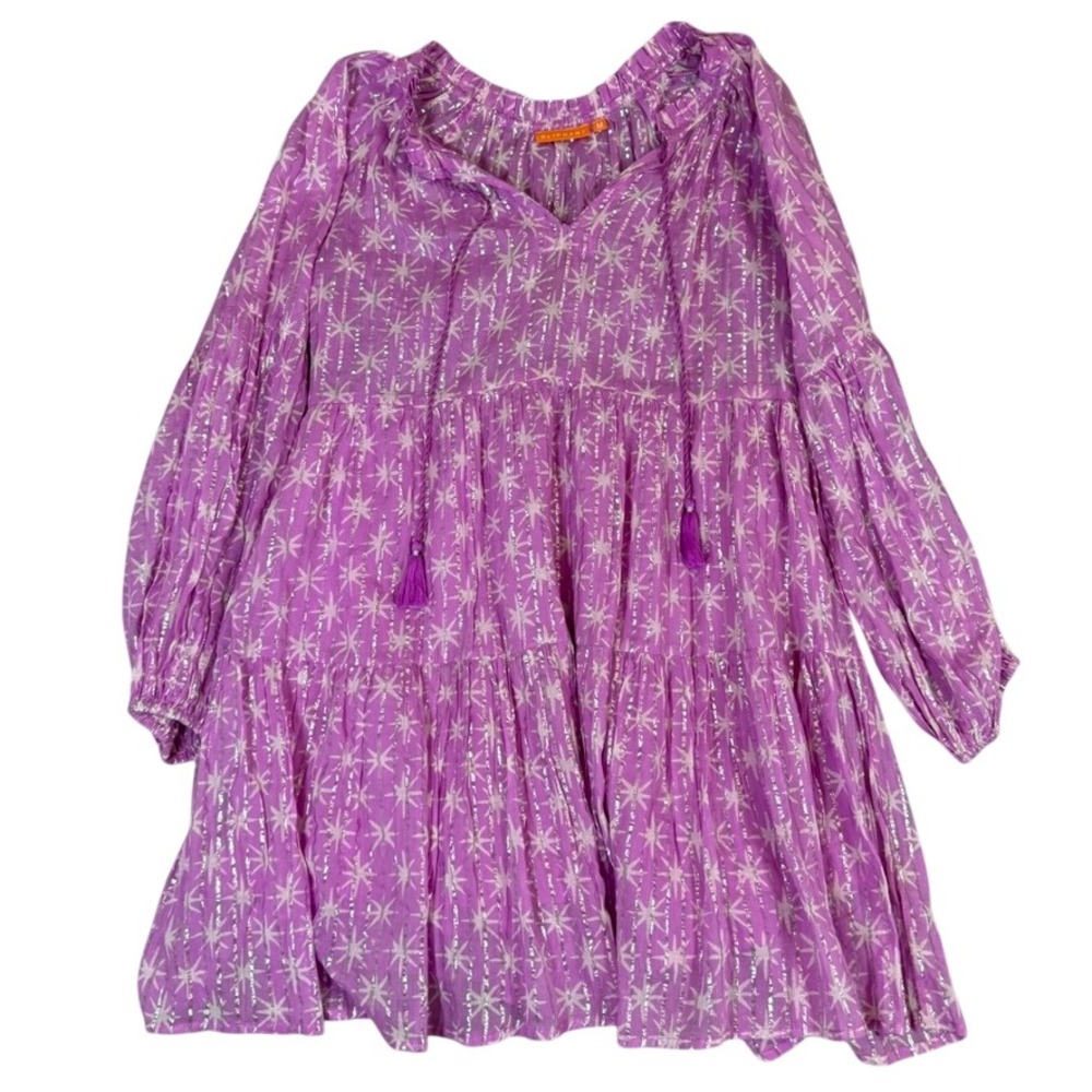 Oliphant Purple Metallic Starburst Tiered Mini Dress Tassel V-Neck Medium